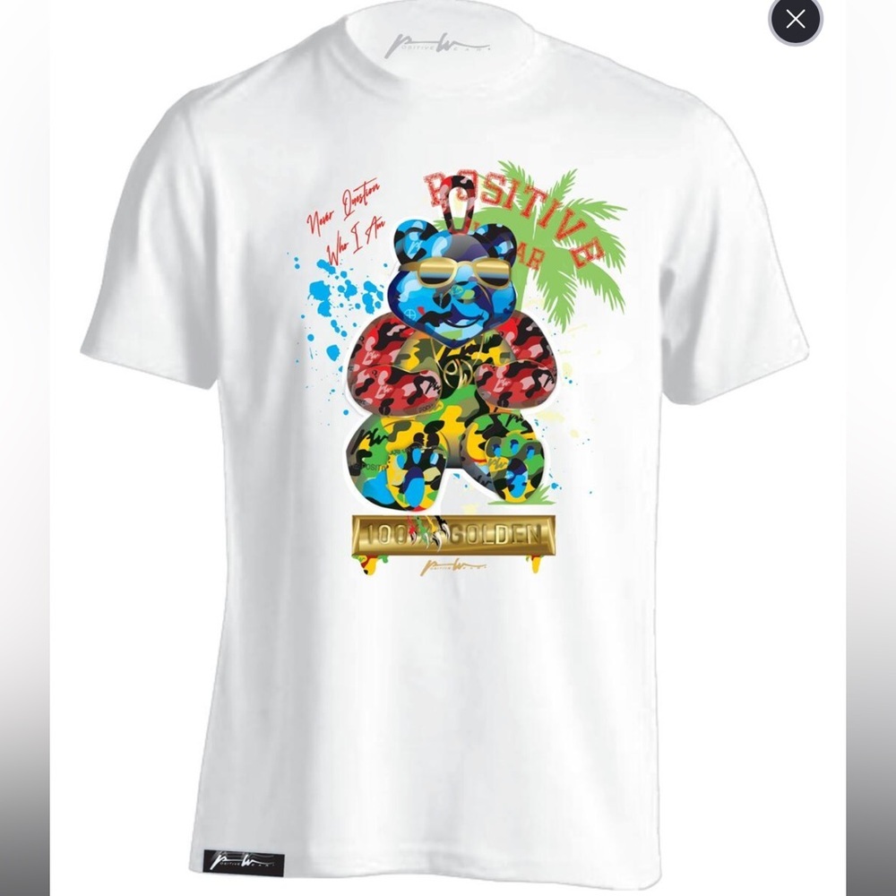 Positive Wear Mens White Beach Bear T-Shirt Designer